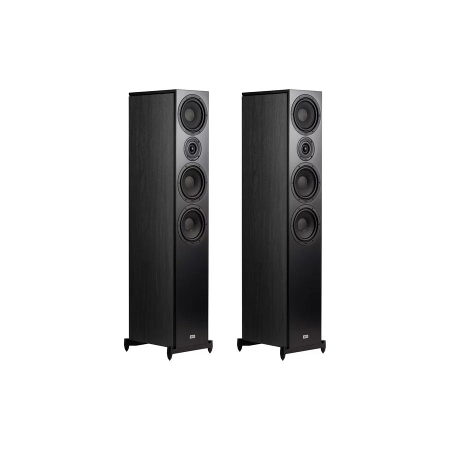 Pair of HECO black floor-standing speakers angle