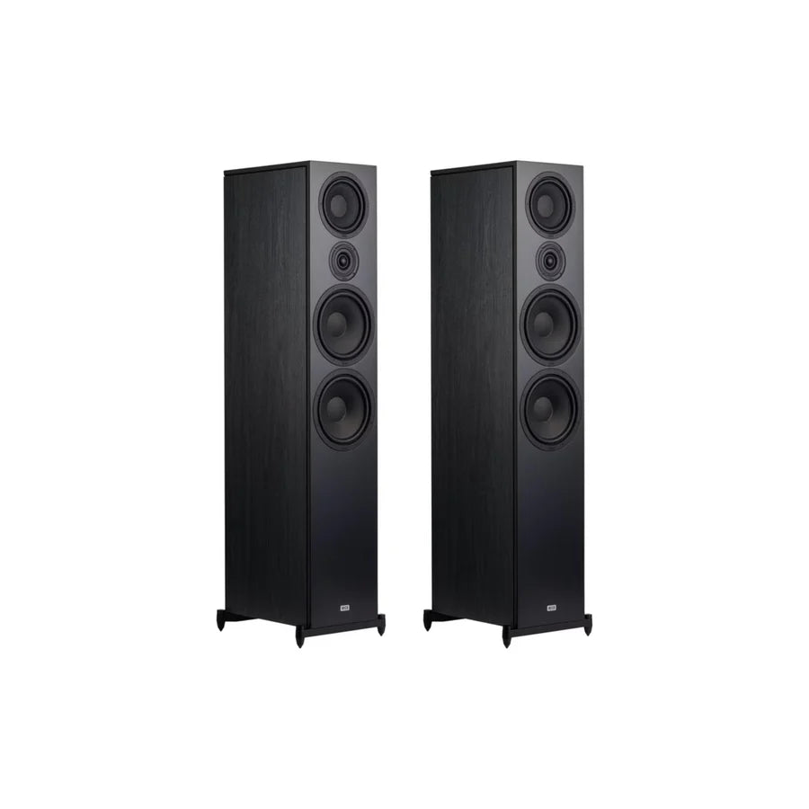 Pair of black floor-standing speakers on a white background