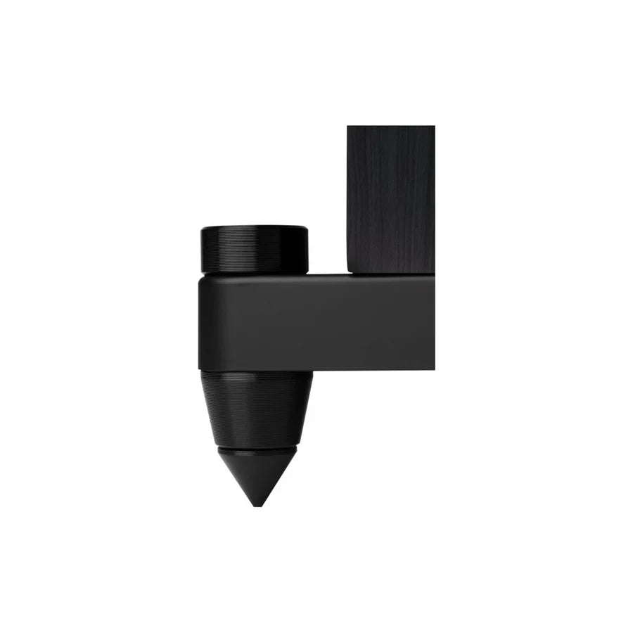 Pair of black floor-standing speakers on a white background