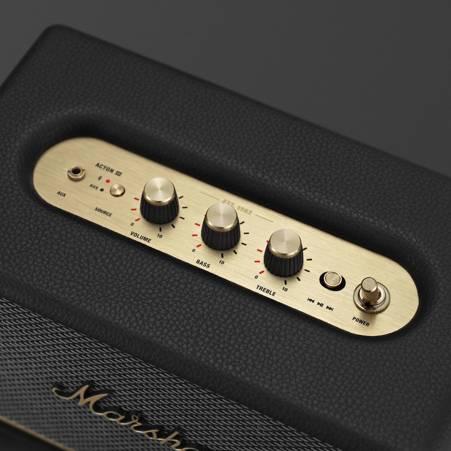 Marshall amplifier with control panel and brand logo