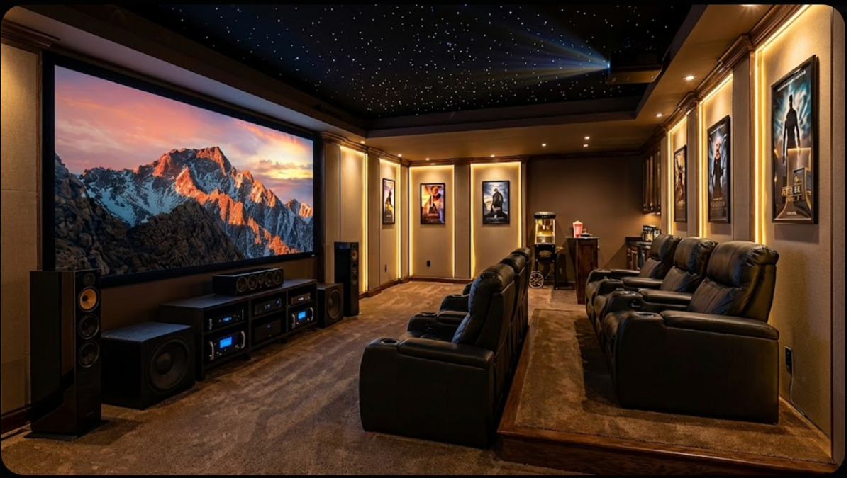 Luxury home cinema installed by SoundTrails — glowing screen, plush seating and starlit ceiling
