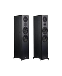 Pair of black floor-standing speakers on a white background