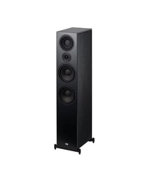 Black floor-standing speaker on a white background