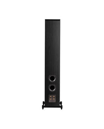 Black floor-standing speaker on a white background
