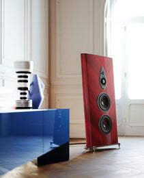 Red floor-standing speaker in a room with white walls and a blue cabinet.