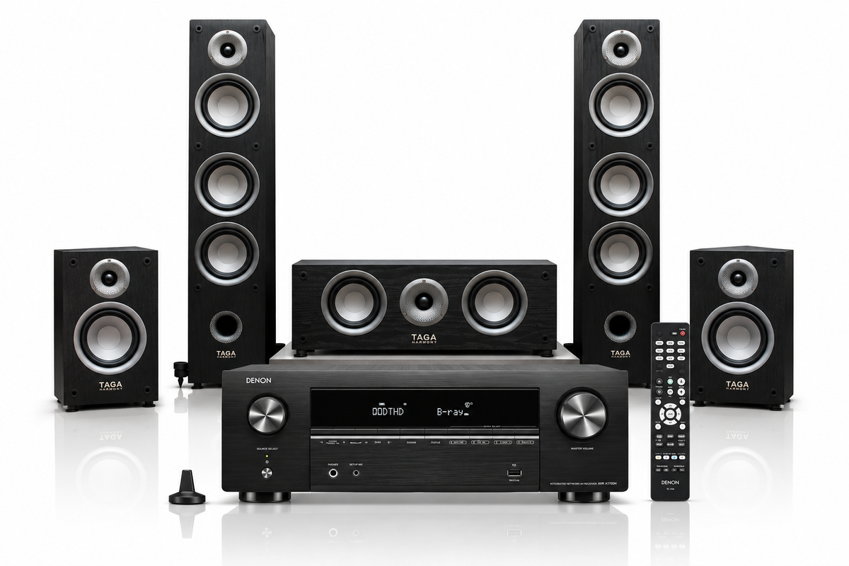 Taga Harmony TAV-507 5.0 Channel Home Theatre Speaker Package With Denon AVR-X580BT AV Receiver